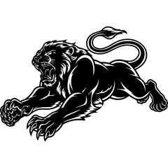 A bold black and white vector illustration of a roaring lion in mid-leap, showcasing its fierce expression, muscular body, and sharp claws.