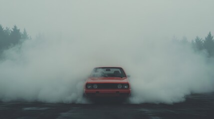 Red car drifting, smoky forest backdrop, action shot, automotive advertisement
