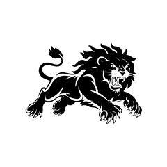 A bold black and white vector illustration of a roaring lion in mid-leap, showcasing its fierce expression, muscular body, and sharp claws.