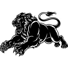 A bold black and white vector illustration of a roaring lion in mid-leap, showcasing its fierce expression, muscular body, and sharp claws.