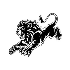 A bold black and white vector illustration of a roaring lion in mid-leap, showcasing its fierce expression, muscular body, and sharp claws.