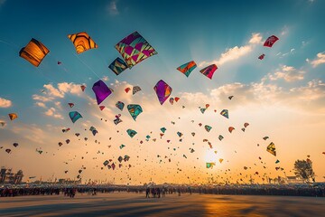 Colorful Kites Soaring Across the Vibrant Sky at Sunset