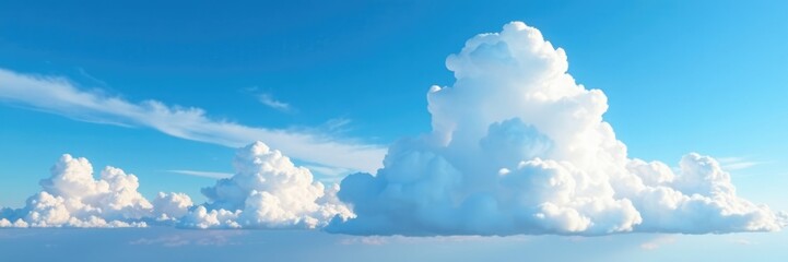 Towering cumulus clouds dominate the blue sky amidst clear skies, blue, cloudy