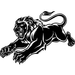 A bold black and white vector illustration of a roaring lion in mid-leap, showcasing its fierce expression, muscular body, and sharp claws.