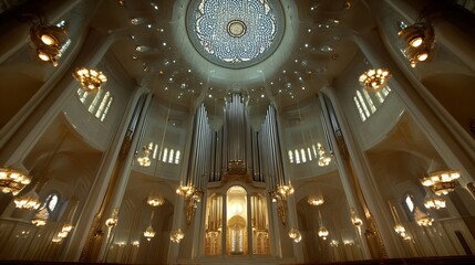 Obraz premium Majestic Interior of Ornate Cathedral with Stunning Chandelier and Elegant Architecture : Generative AI