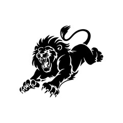 A bold black and white vector illustration of a roaring lion in mid-leap, showcasing its fierce expression, muscular body, and sharp claws.