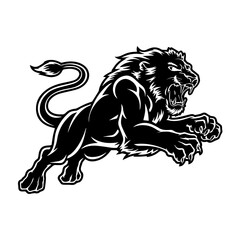 A bold black and white vector illustration of a roaring lion in mid-leap, showcasing its fierce expression, muscular body, and sharp claws.