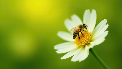 Naklejka premium Tiny bee rests on delicate yellow white flower, flowers, yellow, tiny