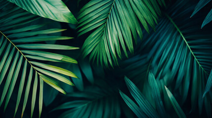A close-up view of green leaves and palms, creating a dark nature concept flat lay.