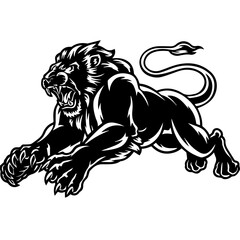 A bold black and white vector illustration of a roaring lion in mid-leap, showcasing its fierce expression, muscular body, and sharp claws.