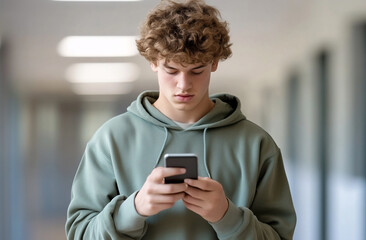 Fototapeta premium young man pacing nervously, checking his phone repeatedly for exam results