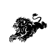 A bold black and white vector illustration of a roaring lion in mid-leap, showcasing its fierce expression, muscular body, and sharp claws.