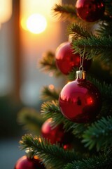 The golden sun catches the shiny red ornaments as they reflect light on the Christmas tree, evergreen trees, shining ornaments