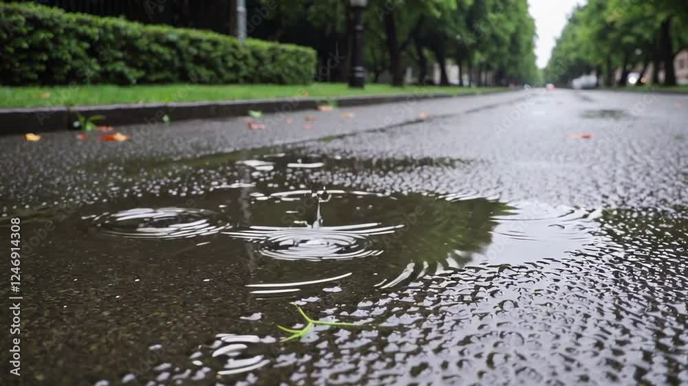 Poster raindrops fall into a puddle on a rainy day, creating expanding concentric ripples in slow motion, w