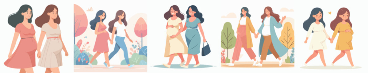 vector set of two pregnant women walking happily