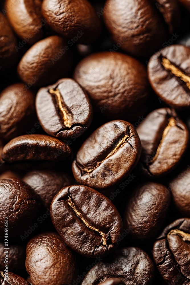 Poster close-up of fresh coffee beans displaying rich texture and deep aromatic appeal : generative ai