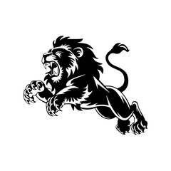 Obraz premium A bold black and white vector illustration of a roaring lion in mid-leap, showcasing its fierce expression, muscular body, and sharp claws.