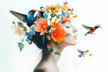 collage method woman with flowers and birds, isolated on white background