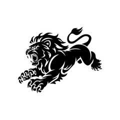 A bold black and white vector illustration of a roaring lion in mid-leap, showcasing its fierce expression, muscular body, and sharp claws.