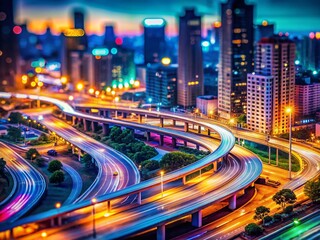 Fototapeta premium Night City Highway Light Trails - Tilt-Shift Miniature Photography