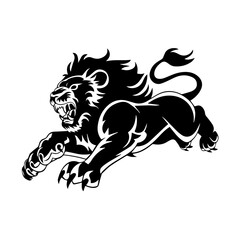 A bold black and white vector illustration of a roaring lion in mid-leap, showcasing its fierce expression, muscular body, and sharp claws.