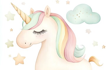 Whimsical pastel unicorn in a watercolor style, featuring a flowing pastel rainbow mane and...