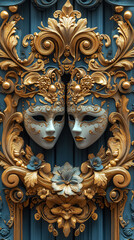 Naklejka premium Ornate venetian masks with gold details on decorative background for elegant design