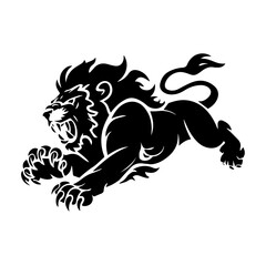 A bold black and white vector illustration of a roaring lion in mid-leap, showcasing its fierce expression, muscular body, and sharp claws.