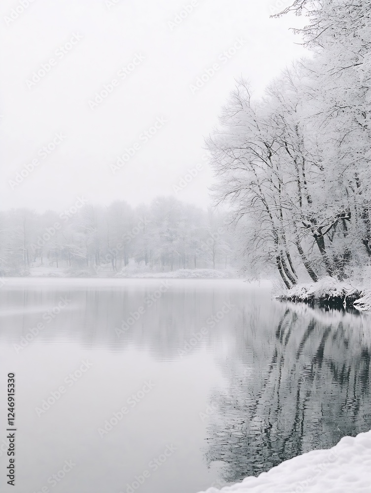 Poster serene winter landscape reflection by a still lake enveloped in snow laden tranquil trees : generati