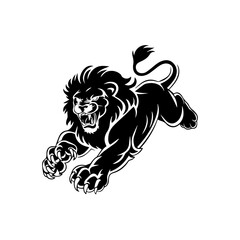 A bold black and white vector illustration of a roaring lion in mid-leap, showcasing its fierce expression, muscular body, and sharp claws.