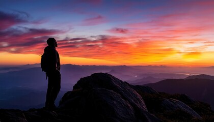 Fototapeta premium Vivid summer sunset viewed from a mountain peak creates a breathtaking moment of solitude