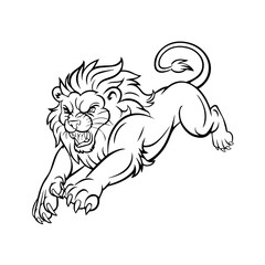 A bold black and white vector illustration of a roaring lion in mid-leap, showcasing its fierce expression, muscular body, and sharp claws.