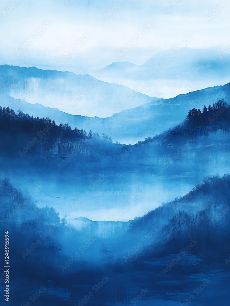 Poster serene blue mountain landscape with mist and trees in layers : generative ai