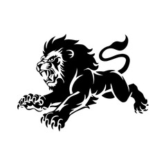 A bold black and white vector illustration of a roaring lion in mid-leap, showcasing its fierce expression, muscular body, and sharp claws.