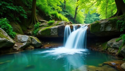 Fototapeta premium Small waterfall cascades into a crystal-clear pool amidst lush greenery, serene, trees, landscape