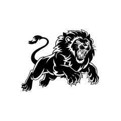 A bold black and white vector illustration of a roaring lion in mid-leap, showcasing its fierce expression, muscular body, and sharp claws.