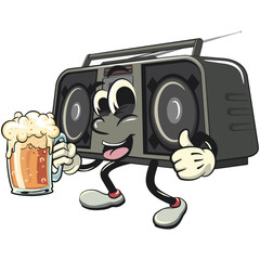 Cartoon retro groovy tape recorder boombox character lift a big glass of beer, isolated vector vintage, work of hand drawn