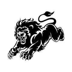A bold black and white vector illustration of a roaring lion in mid-leap, showcasing its fierce expression, muscular body, and sharp claws.