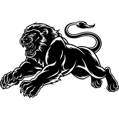 A bold black and white vector illustration of a roaring lion in mid-leap, showcasing its fierce expression, muscular body, and sharp claws.
