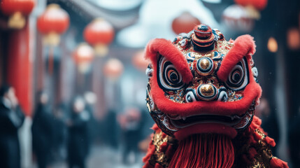 Colorful lion dance performer showcases traditional artistry surrounded by festive lanterns in an ancient temple