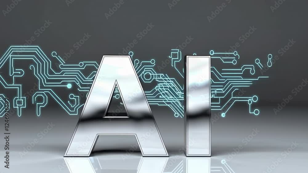 Poster Metallic artificial intelligence symbol is reflecting on a gray background with a light blue circuit design in the background, symbolizing technological advancement, in slow motion