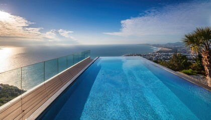 Fototapeta premium Relaxing in a vibrant infinity pool overlooking the expansive ocean on a sunny summer day