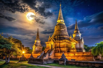 Naklejka premium Night Photography: Ancient Wat Yai Chaimongkhon Pagoda, Ayutthaya, Thailand