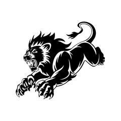 A bold black and white vector illustration of a roaring lion in mid-leap, showcasing its fierce expression, muscular body, and sharp claws.