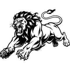 A bold black and white vector illustration of a roaring lion in mid-leap, showcasing its fierce expression, muscular body, and sharp claws.