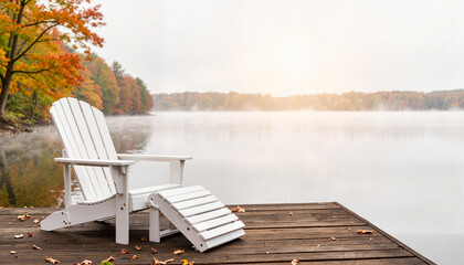 Fototapeta premium Serene Adirondack chair on misty dock at autumn morning, tranquil escape