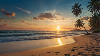 sunset on the beach and beautiful palm trees