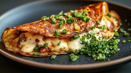 Delicious buckwheat omelette with cheese topped with fresh chives - culinary delight for breakfast or brunch.