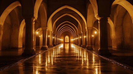 Obraz premium Mysterious Ancient Architecture with Arched Hallways and Warm Illumination : Generative AI