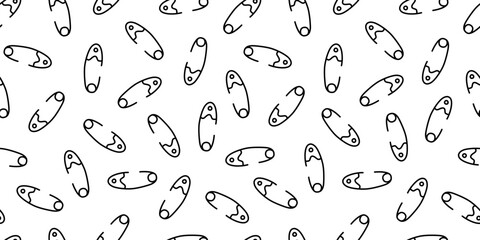 Safety pins seamless pattern. Vector illustration ornament of hand drawn sewing tool and accessory. Scattered doodles design for backgound, textile, fabric, cover, package.